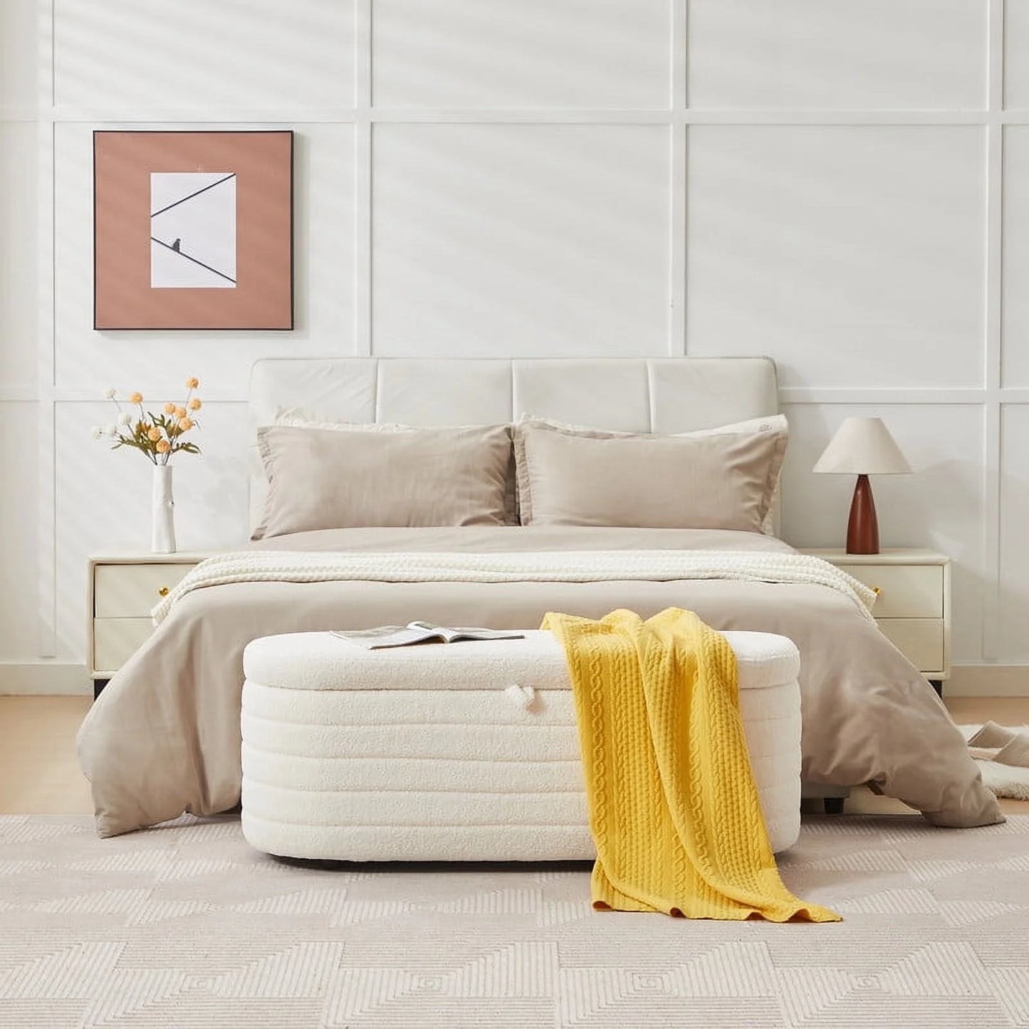 45X16.5 Inch White Teddy Storage Ottoman Bench,Oval Footrest with Anti-Slip Legs