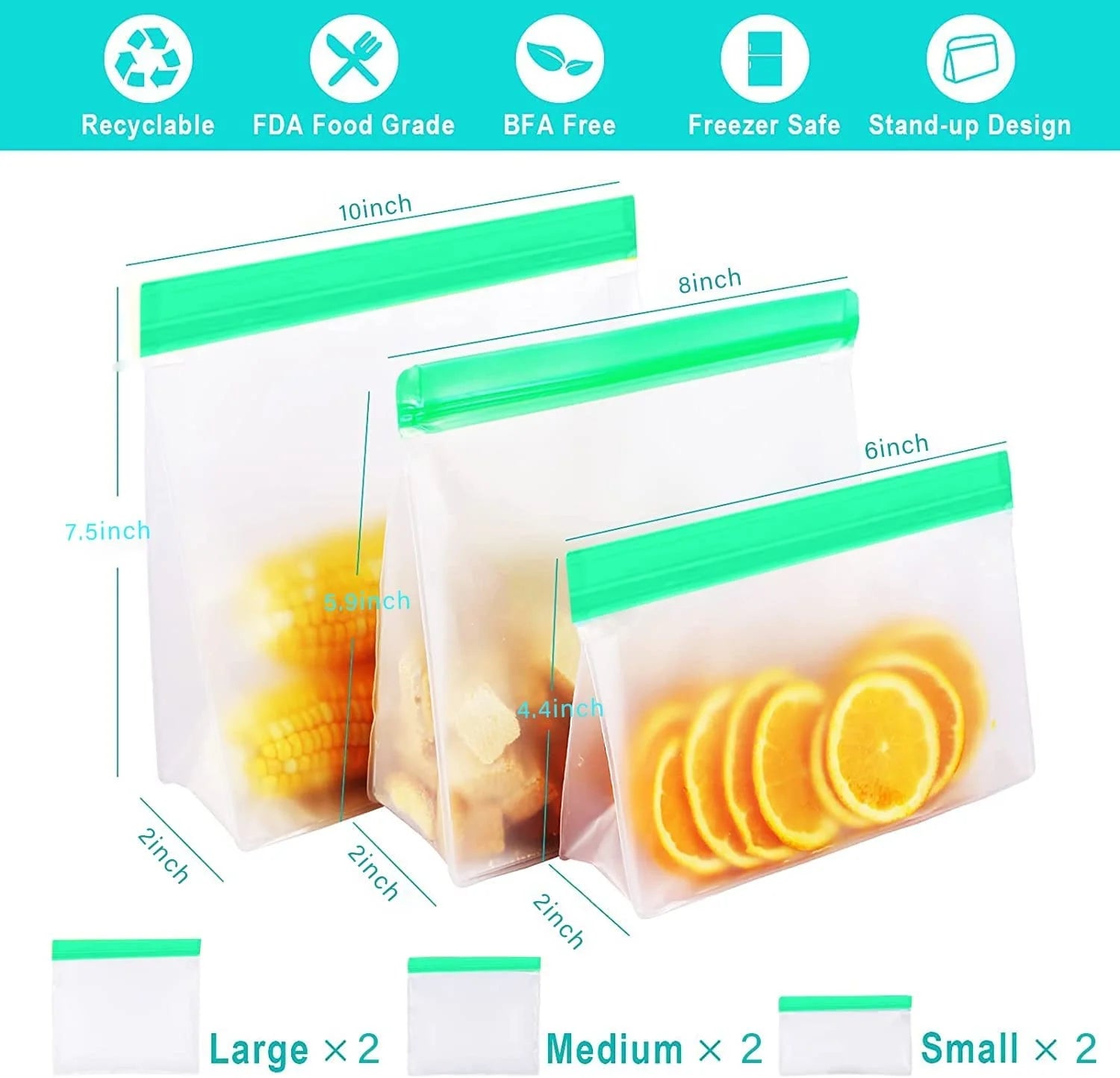 Reusable Freezer Ziplock Bags, 6 Pack Kitchen Food Storage Bags, Eco-Friendly and Leakproof Reusable Bags for Fridge Organisation, Fridge Freezer Organiser Baby Pouch Kitchen Storage Gadgets Tools