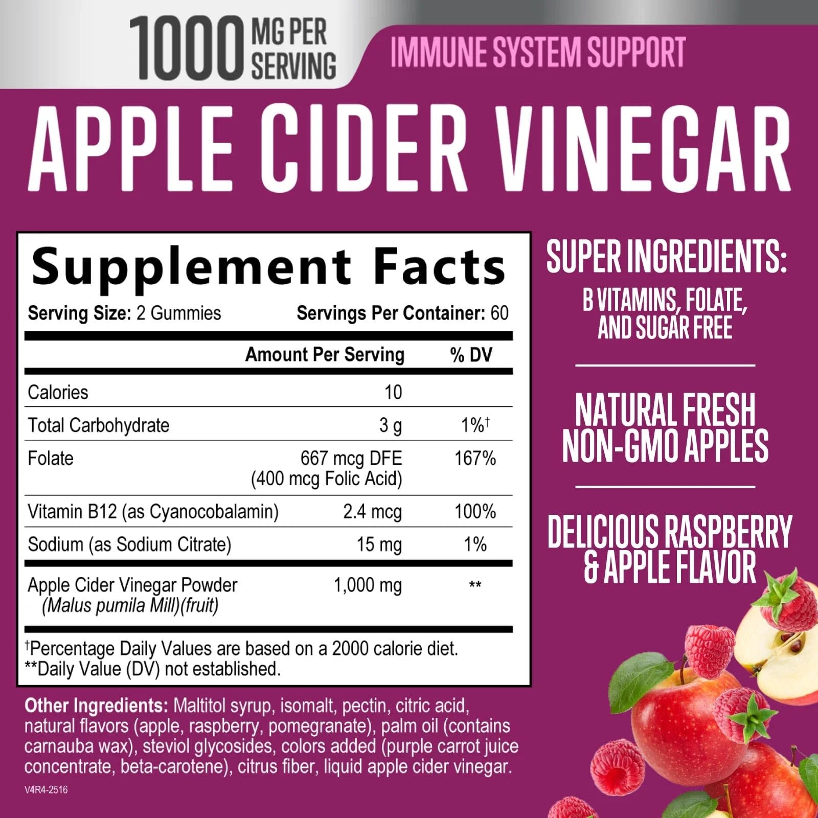 Apple Cider Vinegar Gummies Sugar Free 1000Mg for Cleanse, ACV Gummy Vitamin B12 for Digestion Energy & Immune Health Support, Supports Metabolism, Keto Friendly, Apple Raspberry Flavor - 120 Gummies