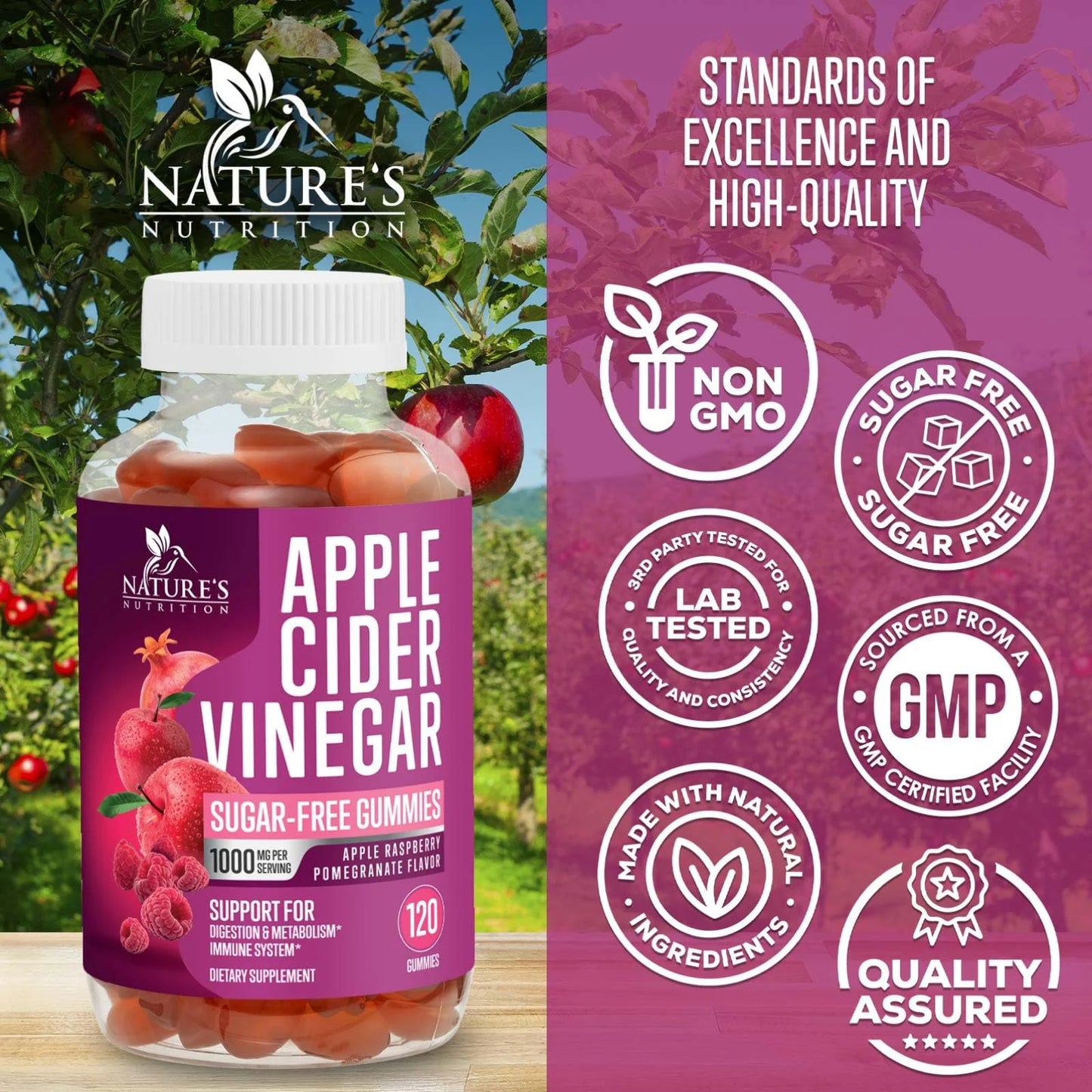 Apple Cider Vinegar Gummies Sugar Free 1000Mg for Cleanse, ACV Gummy Vitamin B12 for Digestion Energy & Immune Health Support, Supports Metabolism, Keto Friendly, Apple Raspberry Flavor - 120 Gummies