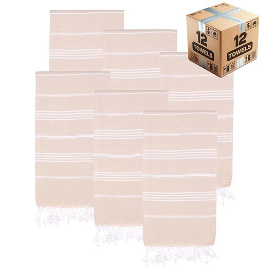 Turkish Beach Towels, Bulk Case of 12 | Oversized, Quick Dry, Sand Free | 100% Cotton, Large 38X71" Towels for Beach, Pool, Travel | Ultra-Soft, Compact, Absorbent | Beige