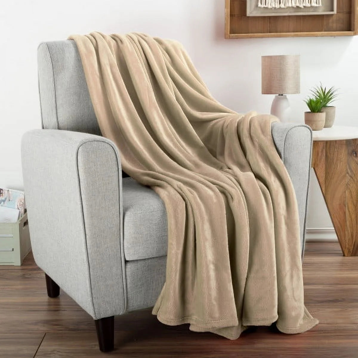 Flannel Fleece Throw Blanket- for Couch, Home Décor, Bed, Sofa & Chair- Oversized 60 X 70- Lightweight, Soft & Plush Microfiber in Desert Tan by